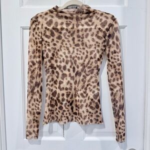 Zara Leopard Print Mesh Mock Neck Sheer Long Sleeve - Size Medium